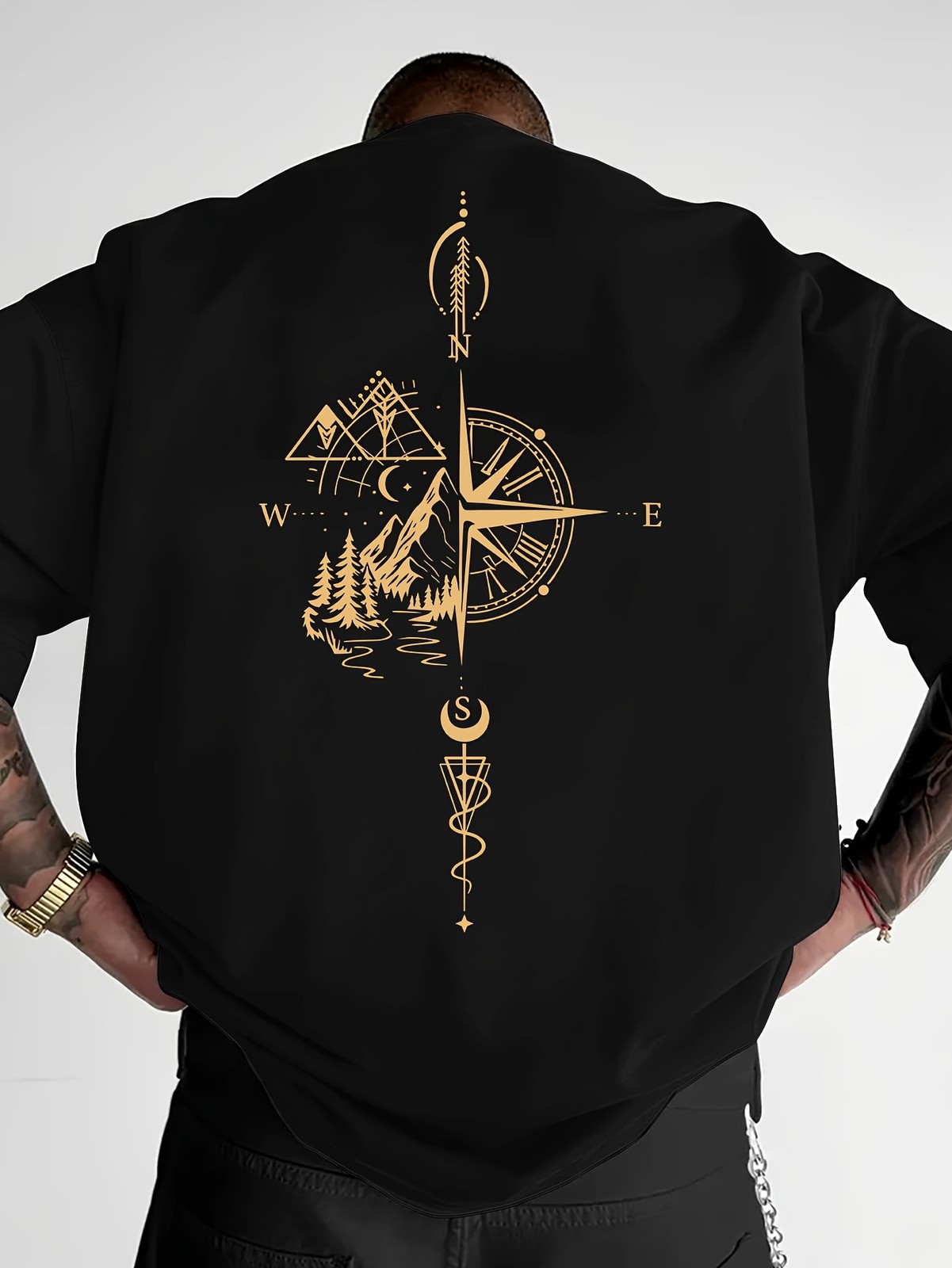 Men’s Geometric Hill Print T-Shirt Loose Drop Shoulder Casual Street Tee for Men