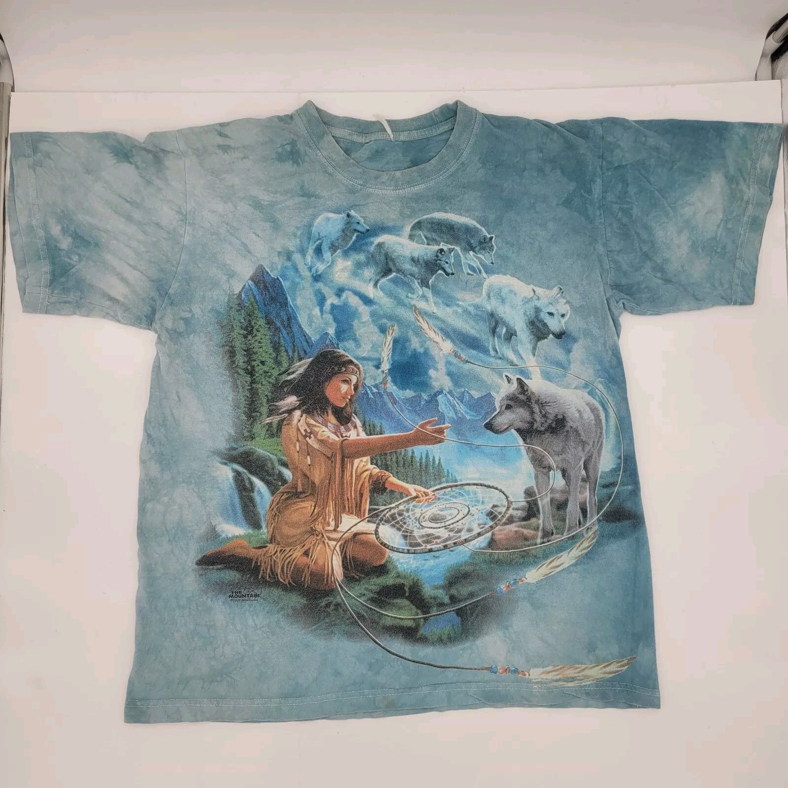 Vintage 2001 The Mountain Native American Wolf Tie Dye Shirt L Blue No Tag gallery