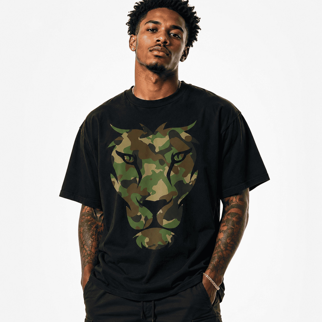 Camo Lion Head Graphic T-Shirt Military Camouflage Animal Print Tee gallery