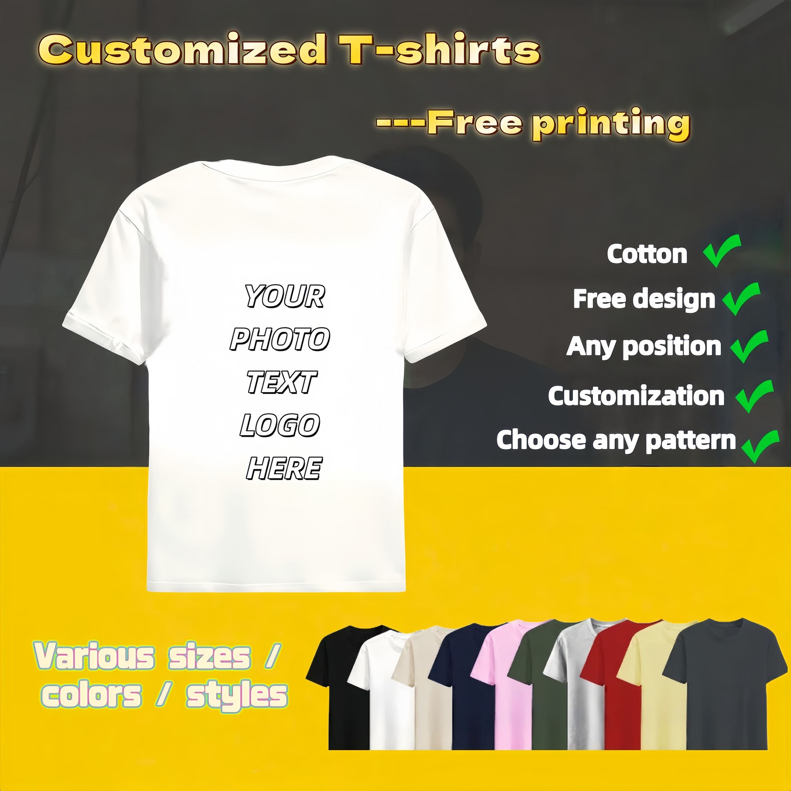 Personalized T-shirts, customizable with your text,photos or logo made of cotton gallery
