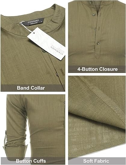 COOFANDY Men's Cotton Linen Henley T-Shirt Long Sleeve Hippie Casual Beach green gallery