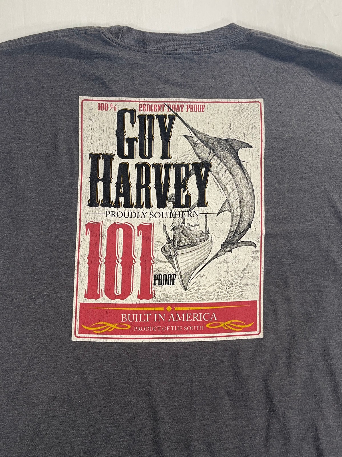 Guy Harvey 101 Proof Built in America Gray Pocket Marlin Fishing T Shirt Sz. XL gallery