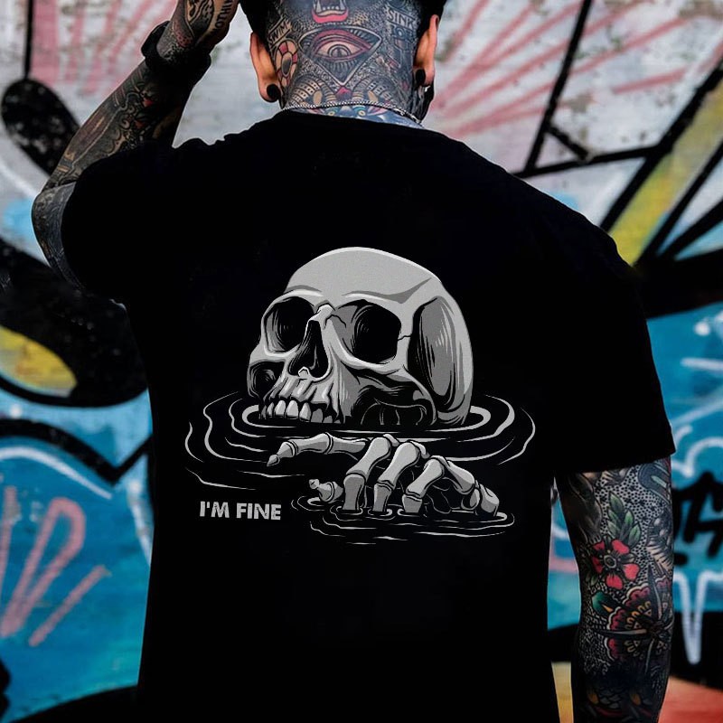 I'M FINE Drowning Skull Black Print T-Shirt Gift For Him gallery
