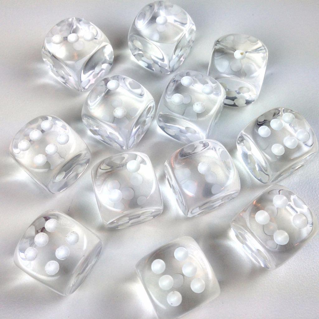 Chessex Dice d6 Sets:Clear with WhiteTranslucent-16mm Six Sided Die 12 CHX 23601