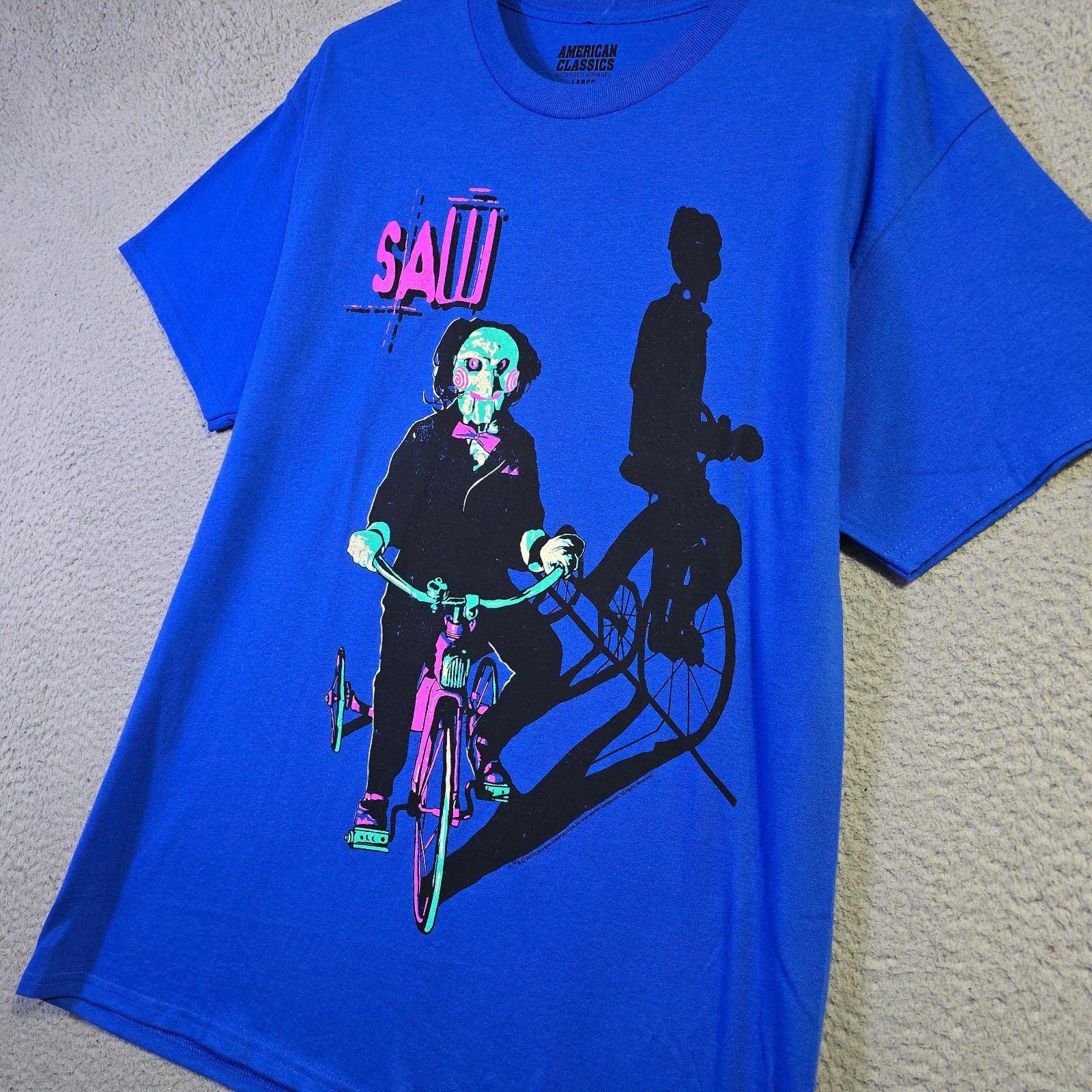 Saw Shirt Mens Large Blue Horror Movie Horror Billy Puppet Casual NWT gallery