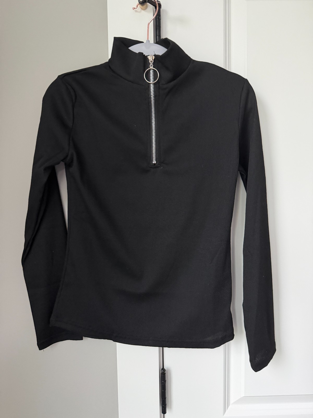 Black Mock Neck Quarter Zip Top Silver Zipper Slim Fit Long Sleeve Pullover gallery