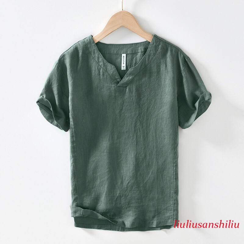 Men 100% Linen T-shirt V Neck Summer Short Sleeves Retro Tops Casual Undershirt gallery