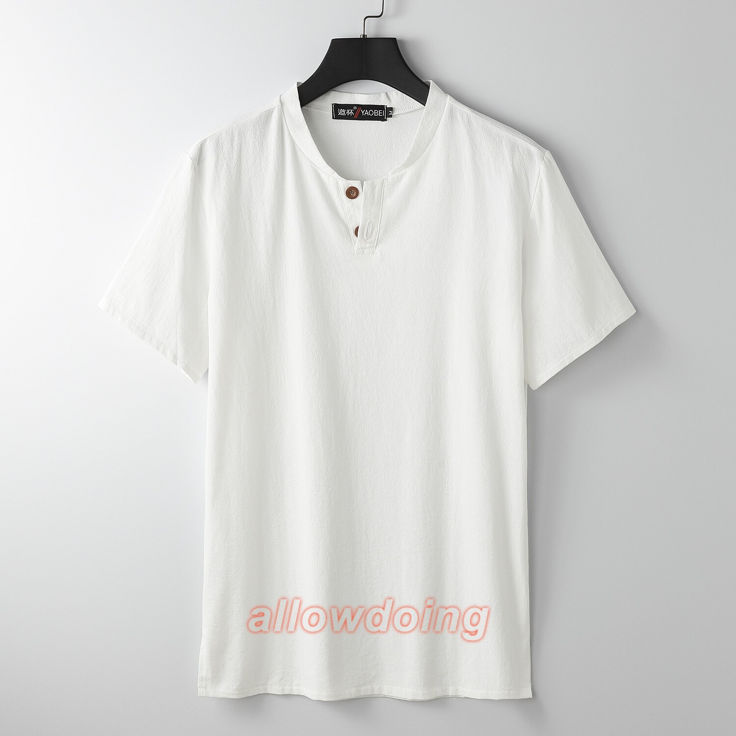 Men's Stand-up Collar Short Sleeve Cotton Hemp Summer T-shirt Loose Linen V-neck gallery