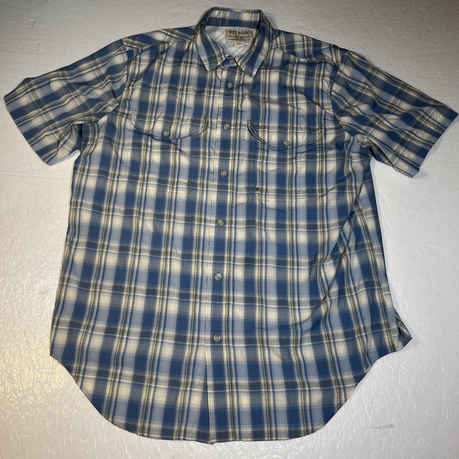 Mens FILSON Blue Plaid Short Sleeve Vented Button Shirt Large gallery