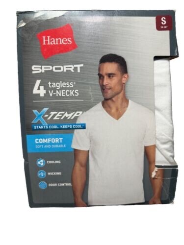 Hanes Mens Sport 4 Tagless V Neck White T-Shirts X-Temp Comfort Sz S 34-36″ NEW