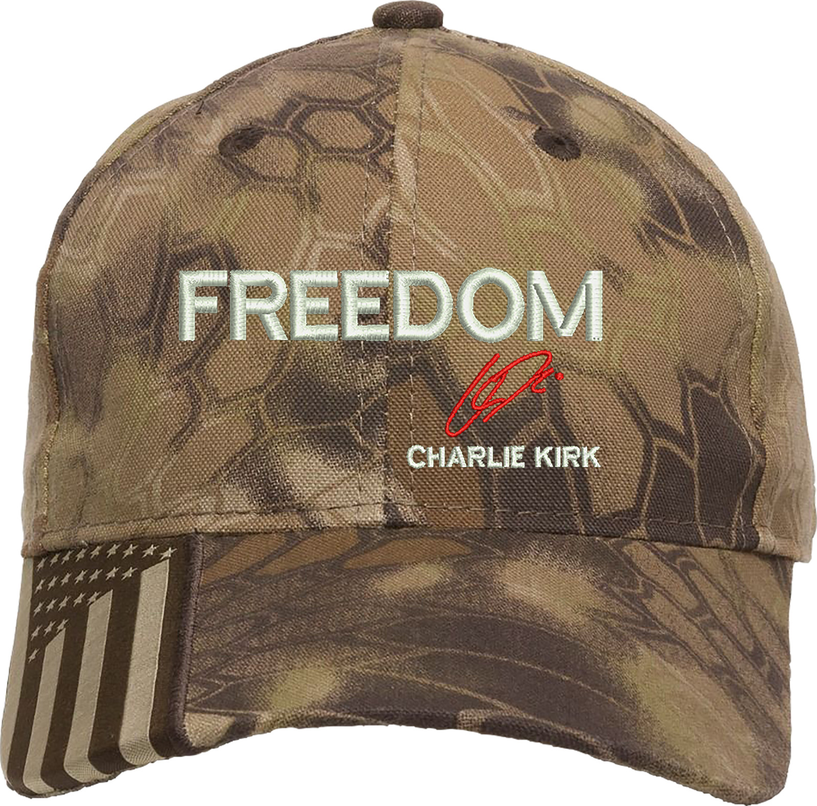 Freedom Charlie Kirk Signature Embroidered OFM Hat with US Flag on bill gallery