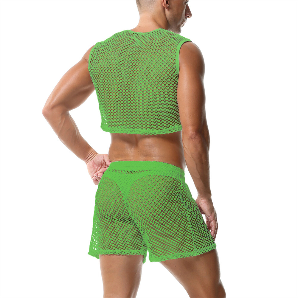 Men 2 Piece Set Fishnet Crop Tops Mesh See-Through Vests Undershirts With Shorts gallery