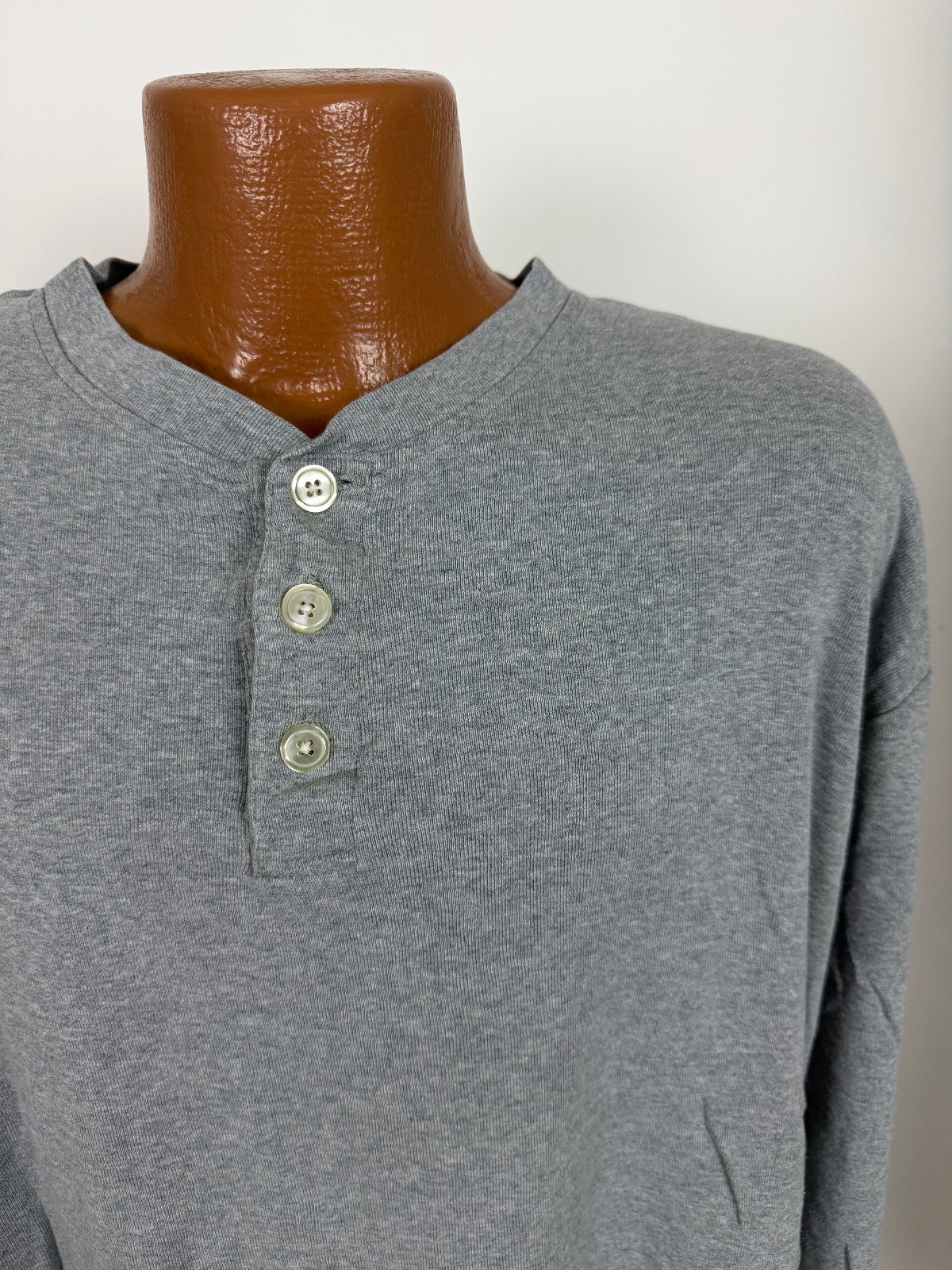Vintage 90s Ribbed Knit Henley Shirt Men XL Boxy Minimal Outdoors Gray Stretchy gallery