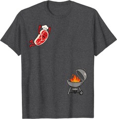 Funny Chef Steak Jumping Into BBQ Grill Cartoon T-Shirt