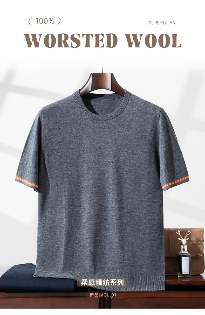 Men'S 100% Fine Wool Crew Neck Short Sleeve Summer New Style Mid-Age Business Ca gallery