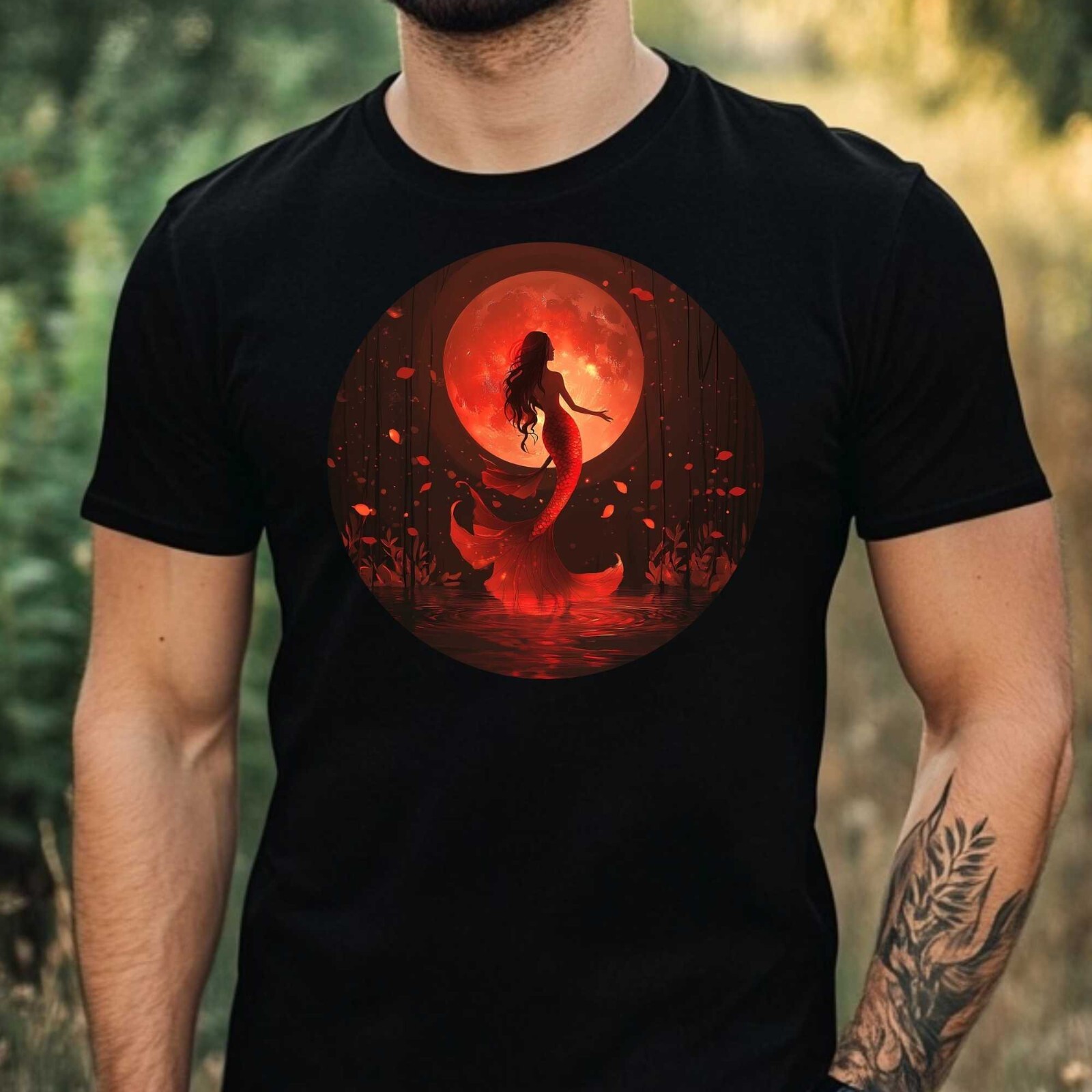 Mens Mermaid Red Moon Motif Cotton T-Shirt Size XS to 5XL gallery