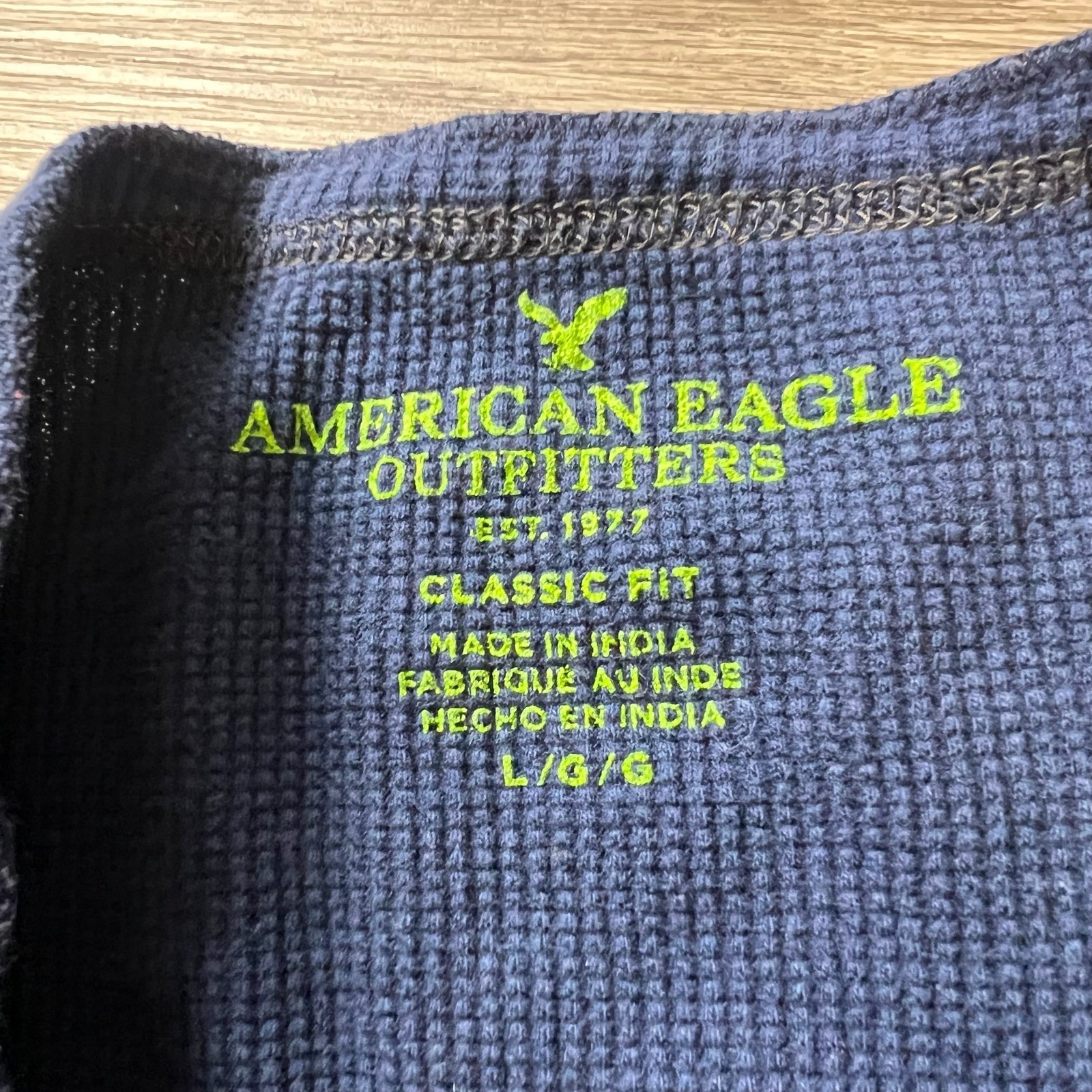 American Eagle Henley Mens Large Blue Waffle Knit Long Sleeve Thermal Shirt gallery