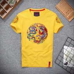 Men Dragon Phoenix Embroidered T-Shirt Chinese Style Short Sleeve Casual Top