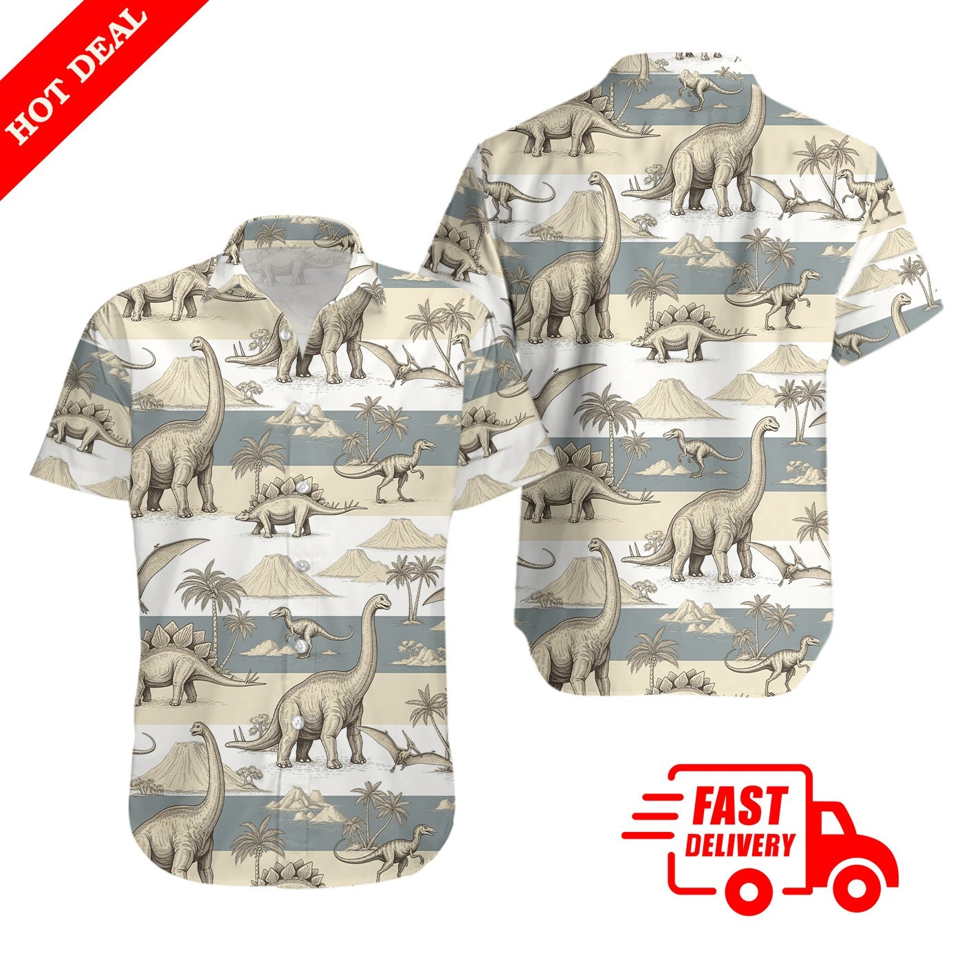 Dinosaur Hawaiian Shirt Men Jurassic Prehistoric Brachiosaurus Aloha Button Up