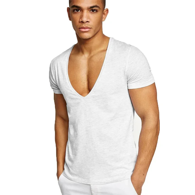 Men's T-Shirt Deep V-Neck Cotton Fitness Leisure Solid Color Tops Tees gallery