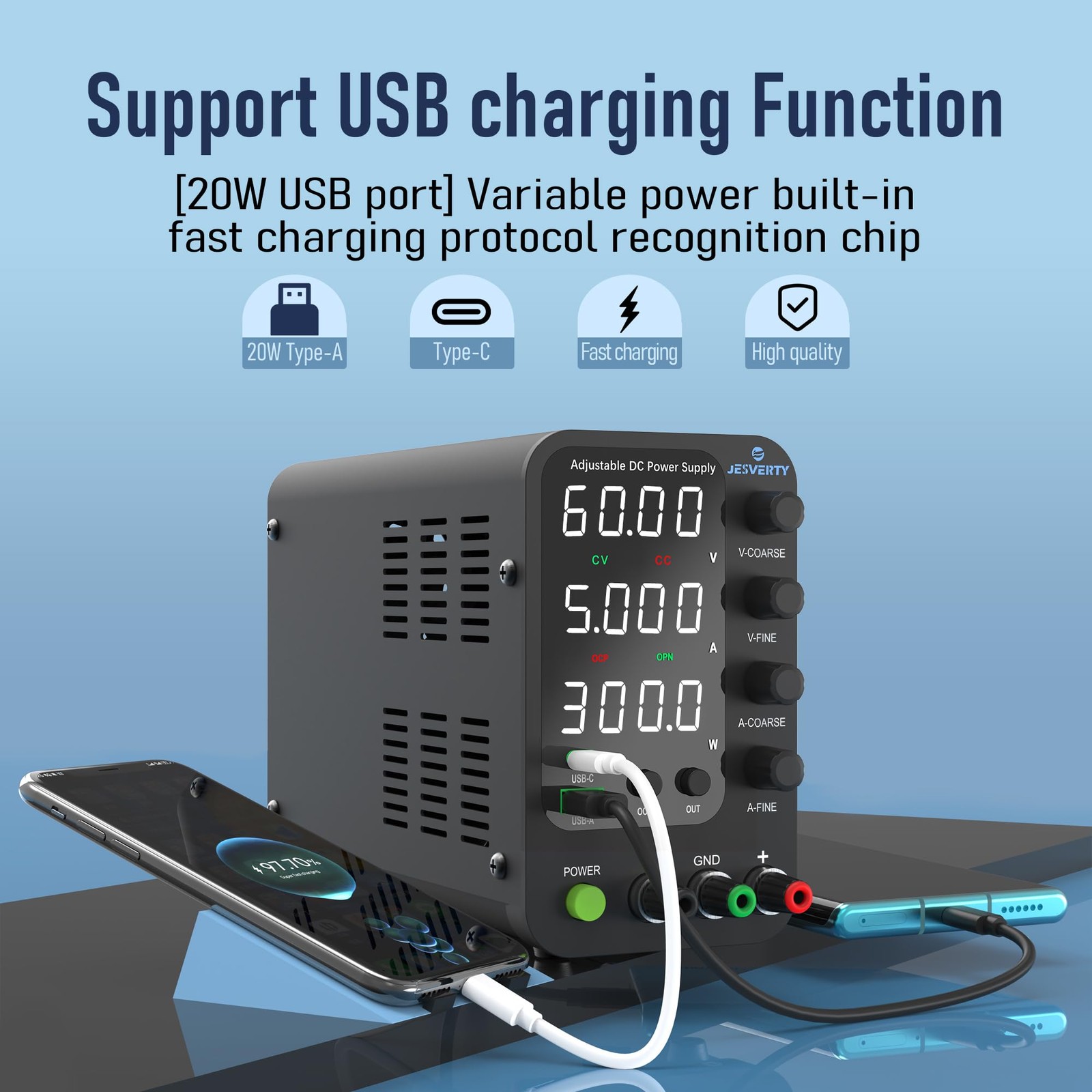 DC Power Supply Variable, 0-60V 0-5A Switching Bench Power Supply with 20W US…