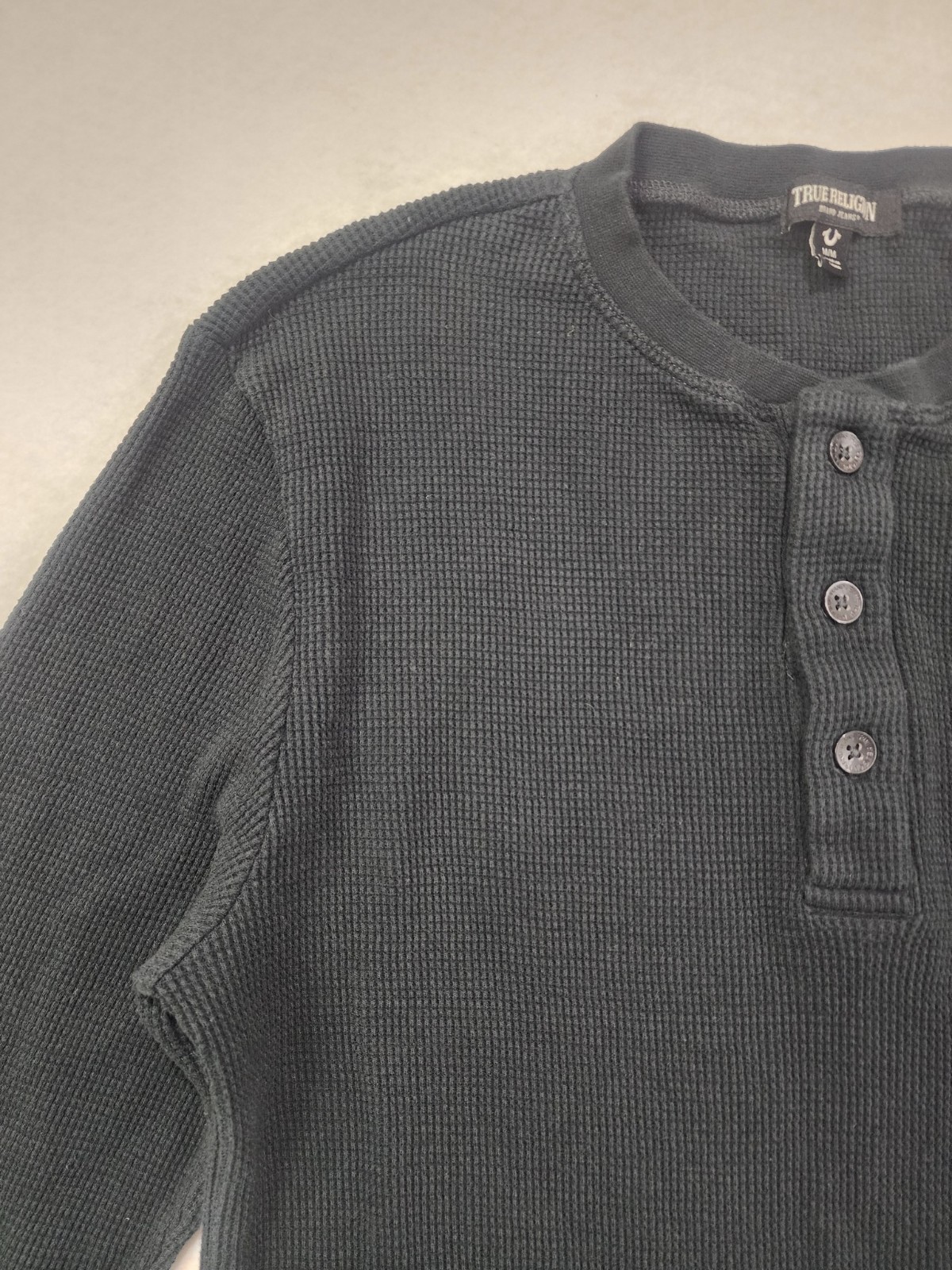 True Religion Thermal Shirt Mens M Black Horseshoe Logo Waffle Knit Henley Neck gallery