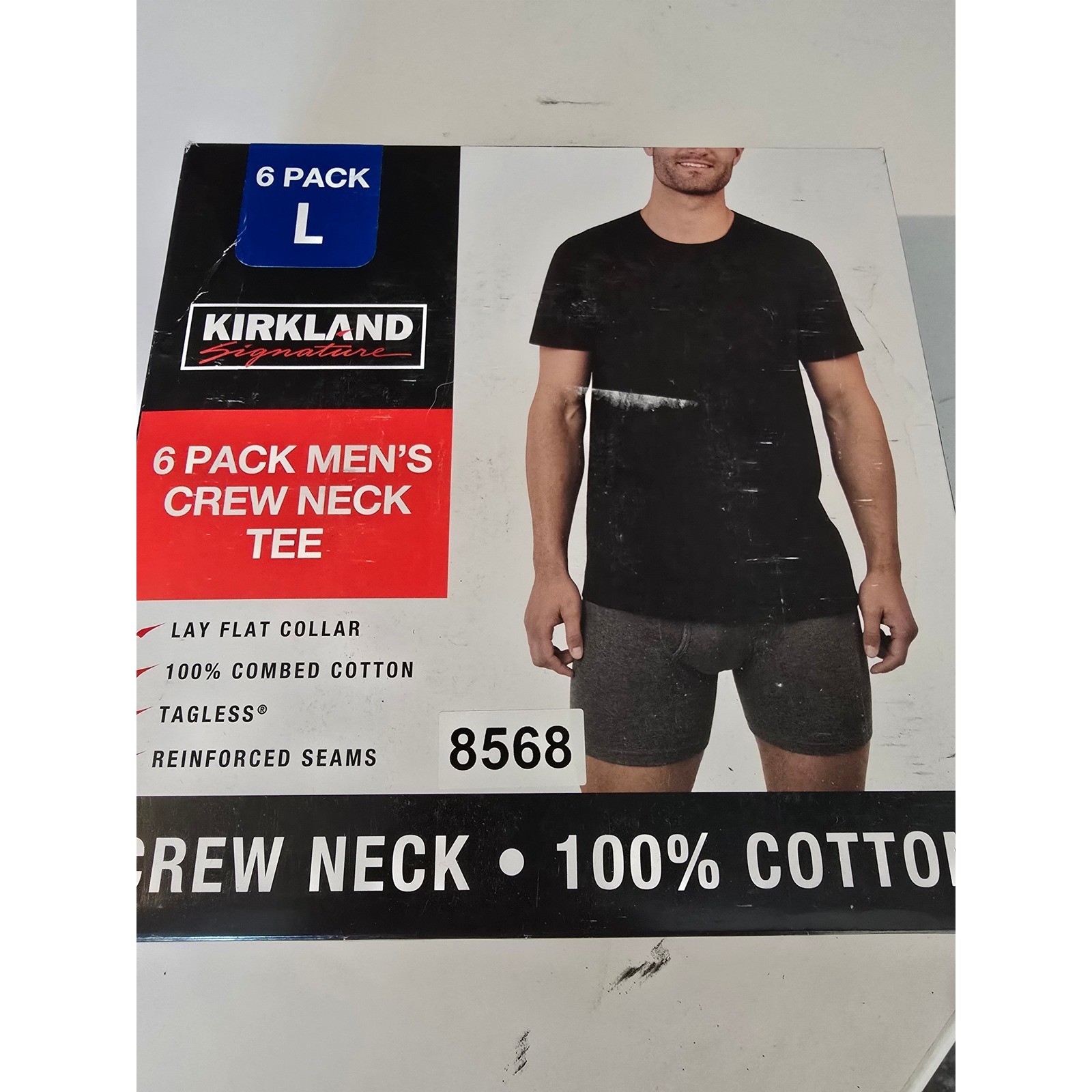 Kirkland Signature Crew Neck Tee Men Large Black 6 Pack 100% Cotton Tagless gallery