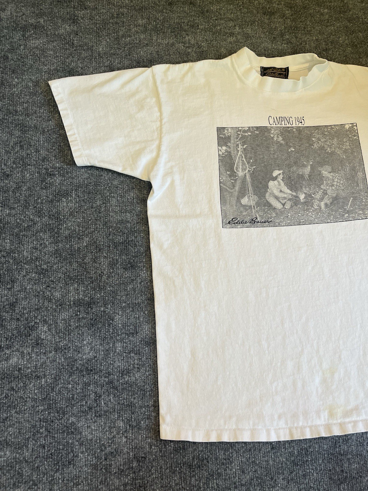 Rare Vintage Eddie Bauer Camping 1945 Graphic Tee Shirt USA White Size Large gallery