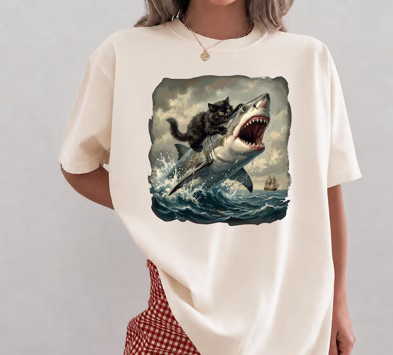 Black Cat Biting Shark Shirt, Funny Cat Lover Tshirt, Epic Graphic Tee gallery
