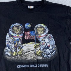 Vtg Kennedy Space Center Cat Astronaut Moon Shirt XL Black Print of Tails 90s