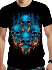 1pc Men’s 3D Printed Skull Graphic T-Shirt – 100% Cotton Black Tee with Blue & O
