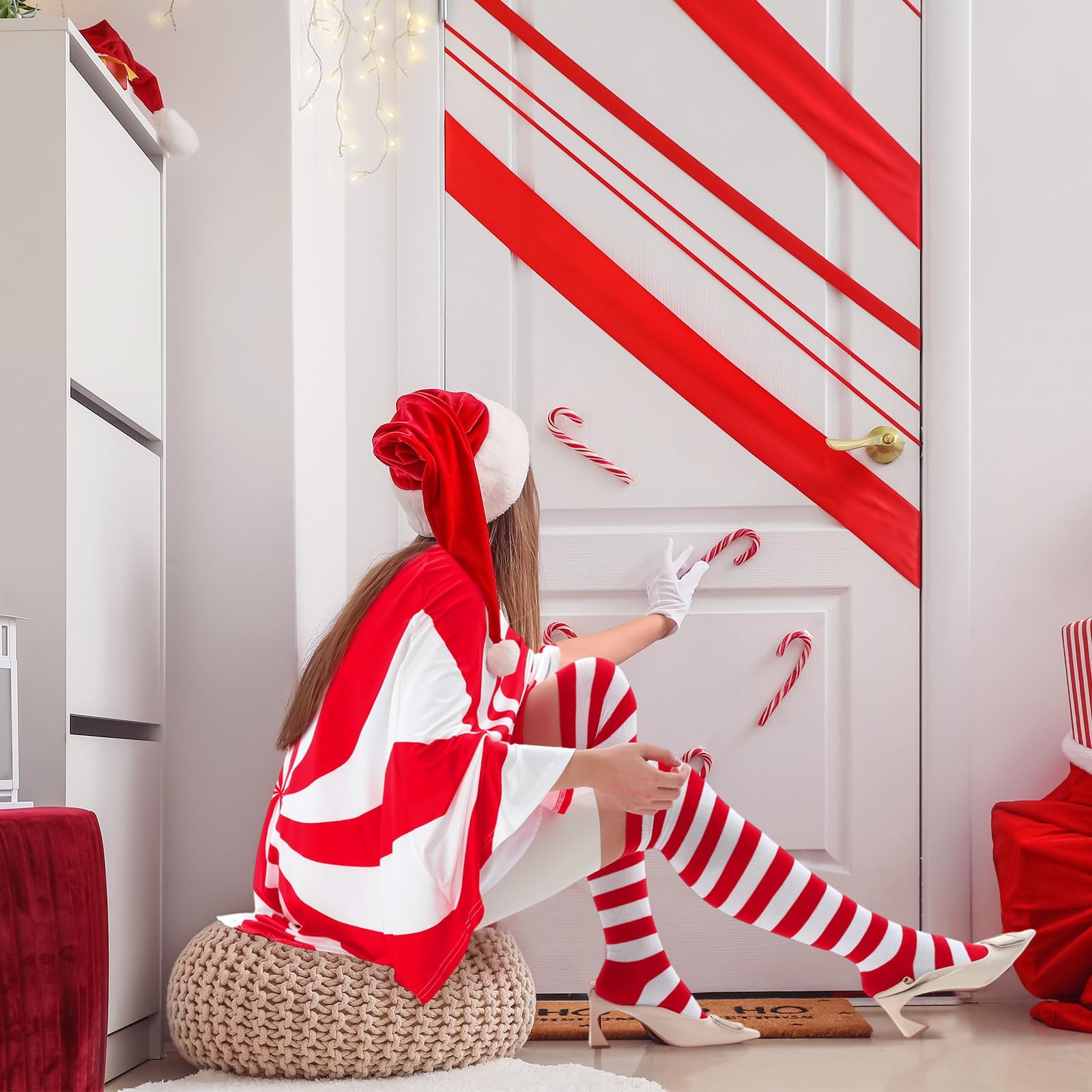 Christmas Candy Cane Present Costume Women Holiday Poncho Thigh High Sock gallery