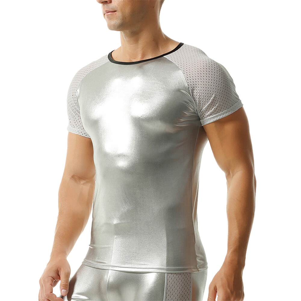Men Elastic Oil Shiny Faux Leather Tops Fitness Short Sleeve T-shirts Stage Tees gallery