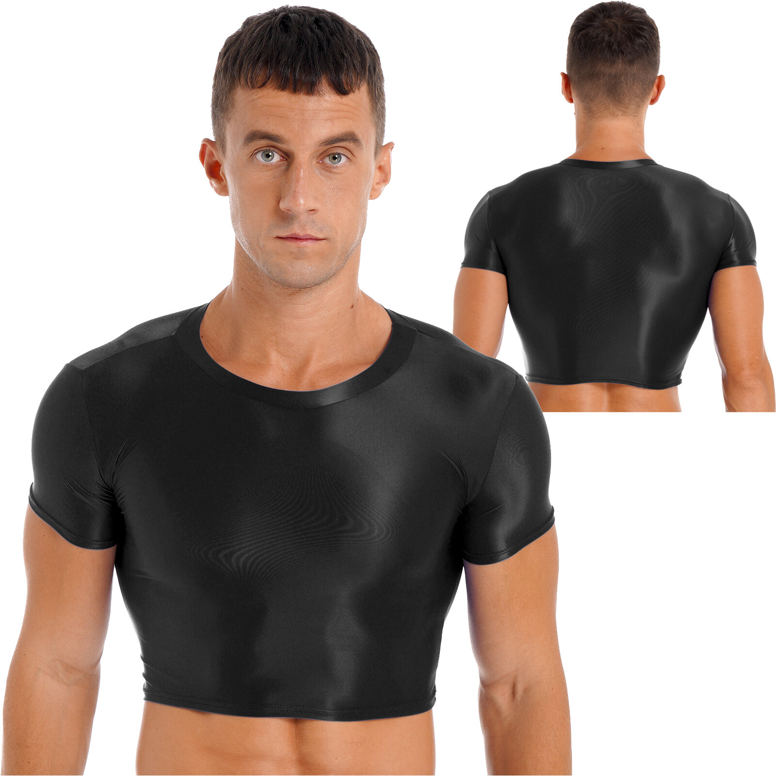 Men T-shirt Glossy Short Sleeve Crop Top Oil Shiny Sport Fitness Tee Workout