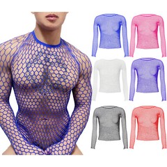 Mens Mesh Fishnet Top Long Sleeve T-Shirt Muscle Tee Workout See Thru Undershirt