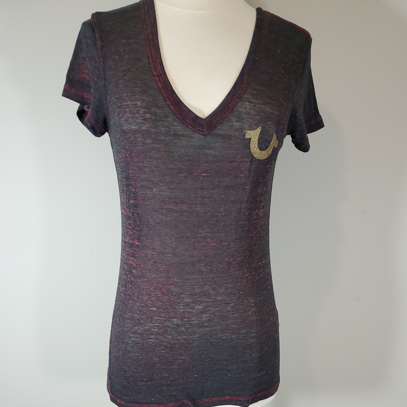 True Religion Womans Small Burn Out T Shirt Top Logo Short Sleeve Semi Sheer gallery