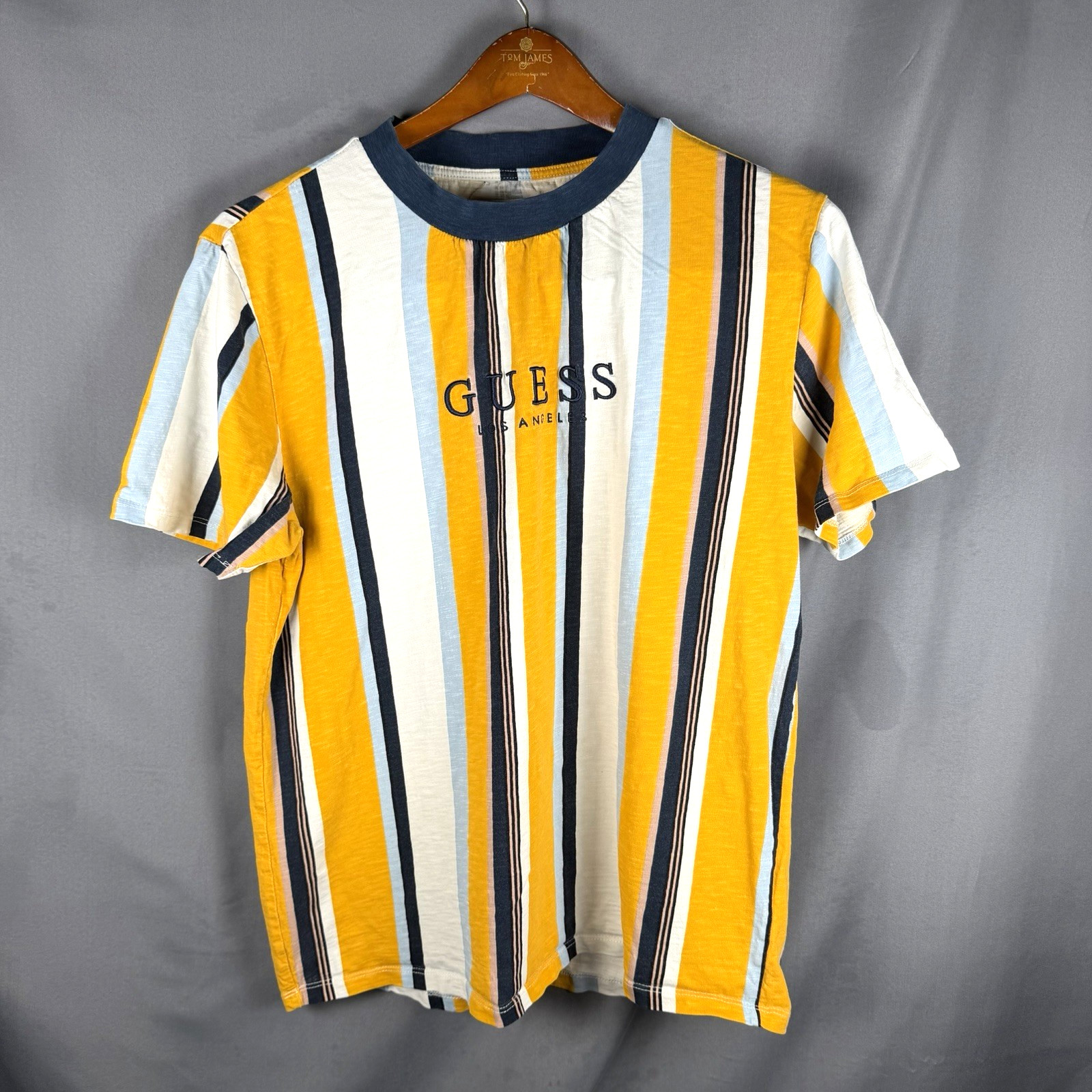Vintage 90s Guess T Shirt Mens Medium Vertical Striped Multicolor Preppy Hole