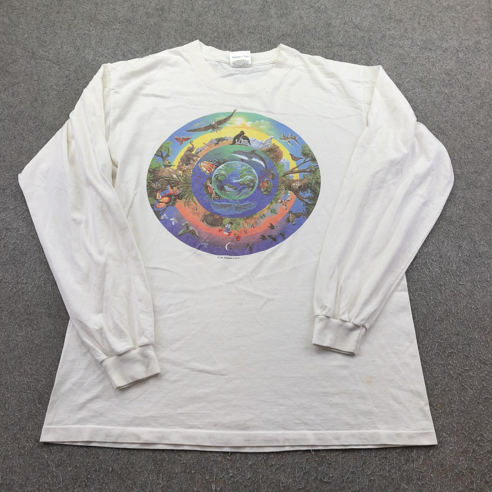 Vintage Human-i-Tees Shirt Mens Large White Nature Animal Earth Long Sleeve 90s