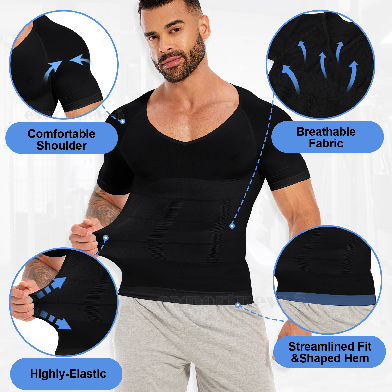 US Mens Compression V-Neck T-Shirt Moobs Slimming Tummy Control Body Shaper Tops gallery