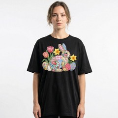 Easter Bunny Patchwork Floral Spring T-Shirt Holiday Cute Pastel Egg Lover Tee