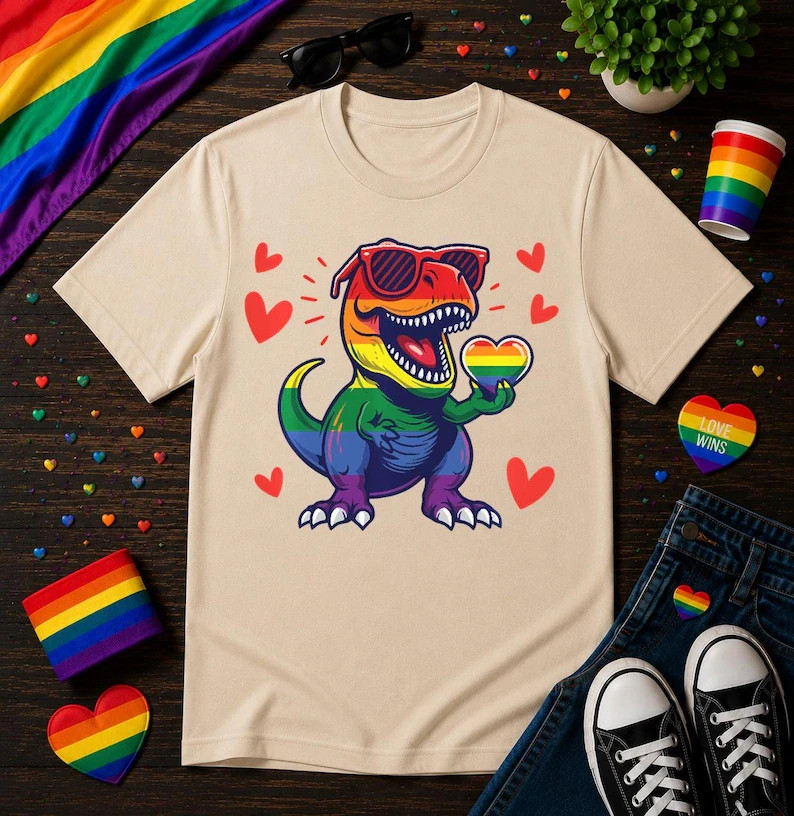 Cute Rainbow Dinosaur Pride Shirt, LGBTQ T Rex Rainbow Heart Tee gallery