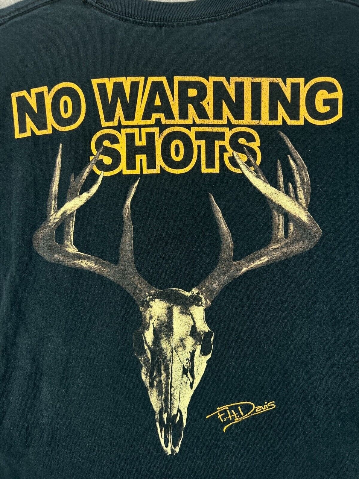 FH Davis No Warning Shots T Shirt Mens Large Black Skull Long Sleeve 100% Cotton