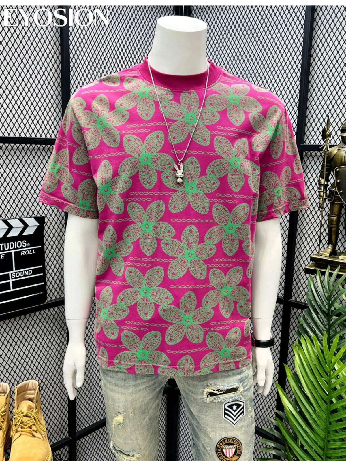 Men's Pink Floral Print T-Shirt Casual Short Sleeve Cotton Crew Neck Summer Tee gallery