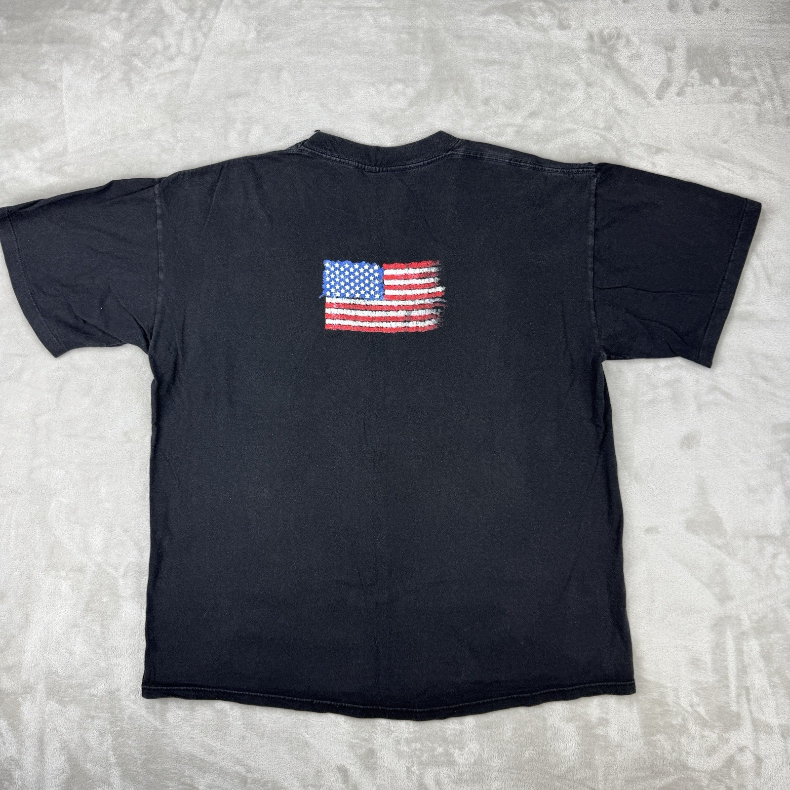 VTG 90s USA Textured Flag T Shirt Single Stitch Sun Faded Black Y2K Mens Large gallery