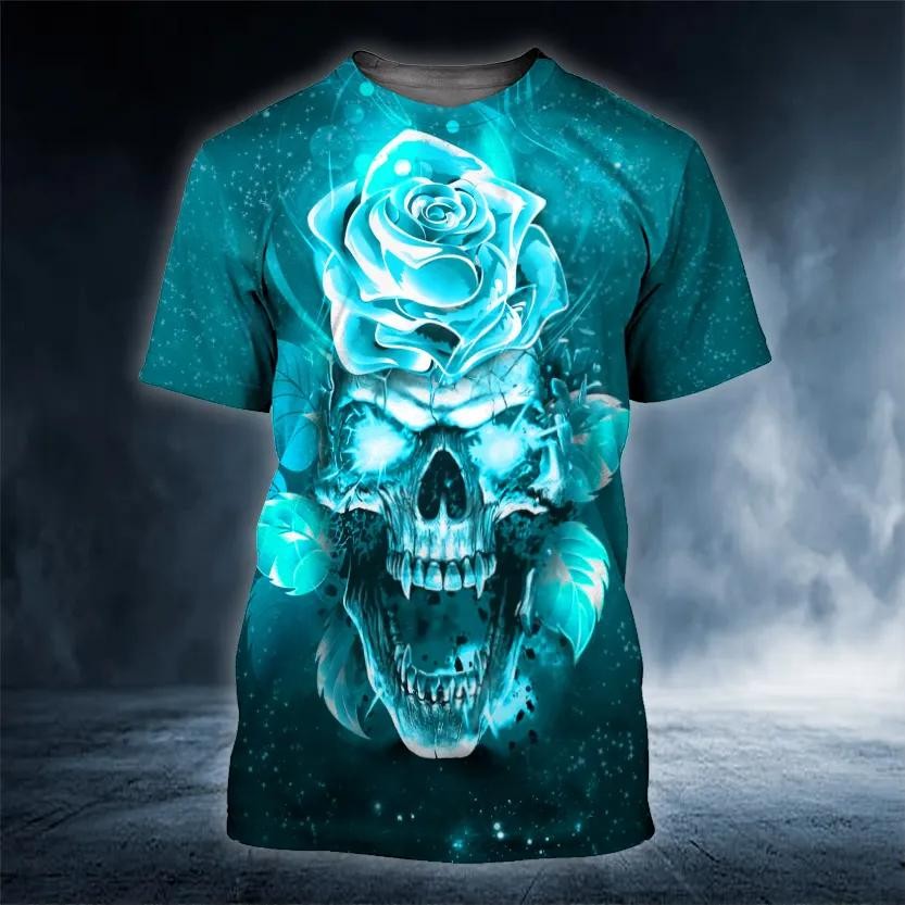 Blue Rose Fantasy Floral Skull 3D T-Shirt Graphic Novelty Biker Gift for Men