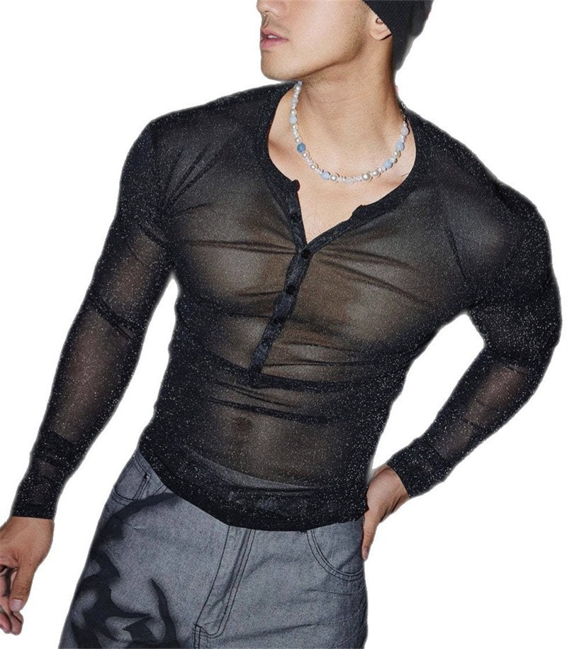 Mens Glitter Shirt Top See Through Lace T-Shirt Sheer Mesh Undershirts gallery
