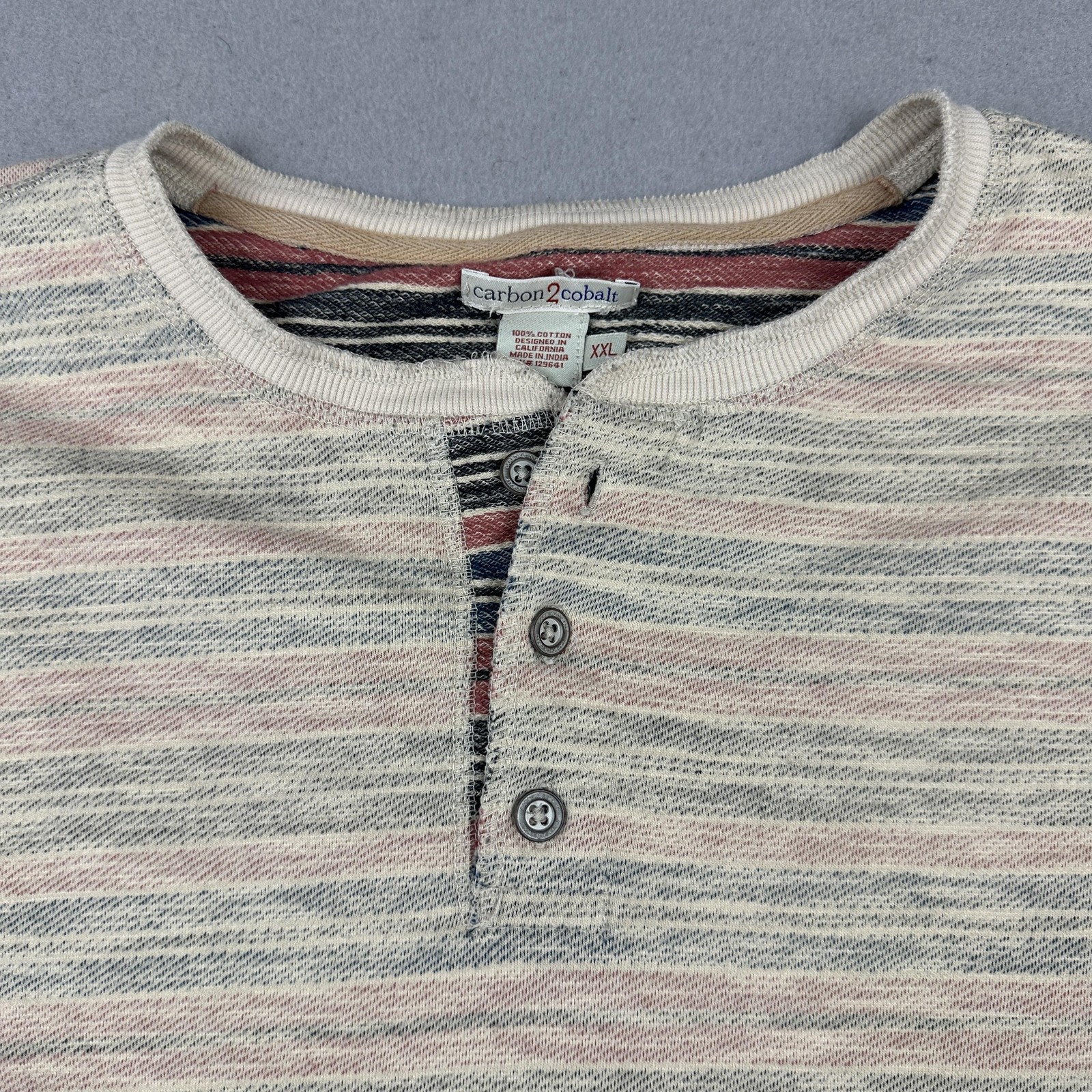 Carbon2Cobalt Shirt Men 2XL Beige Striped Henley Long Sleeve Knit Pullover XXL gallery