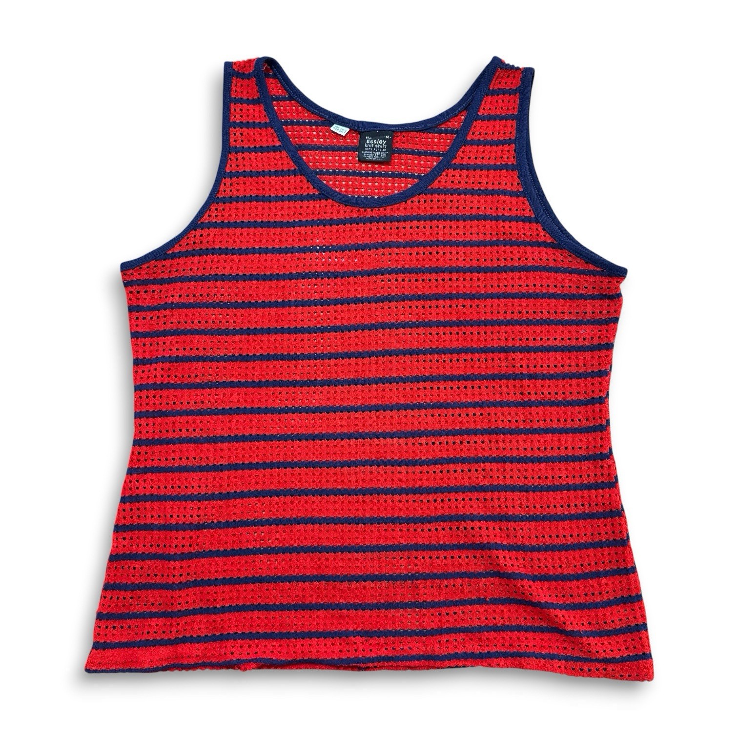 Vintage 60s 70s Knit Mesh Fish Net Essley Striped Beach Surf Tank Top Shirt USA