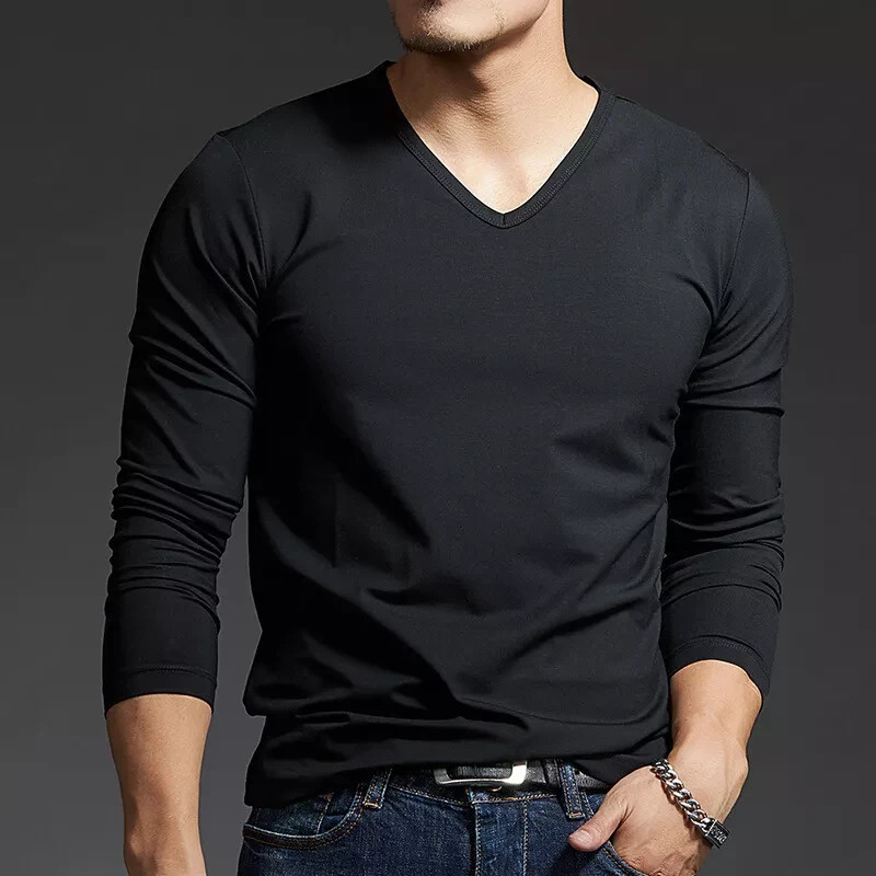 Casual Plain Cotton Tee Men’s Long Sleeve V-Necked T-Shirt –