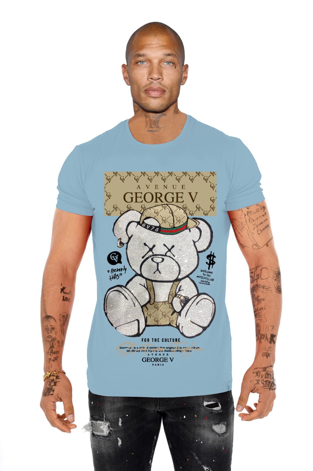 Avenue George V Paris Men's Short Sleeves T-shirt Sky Blue Rhinestone Teddy bear gallery